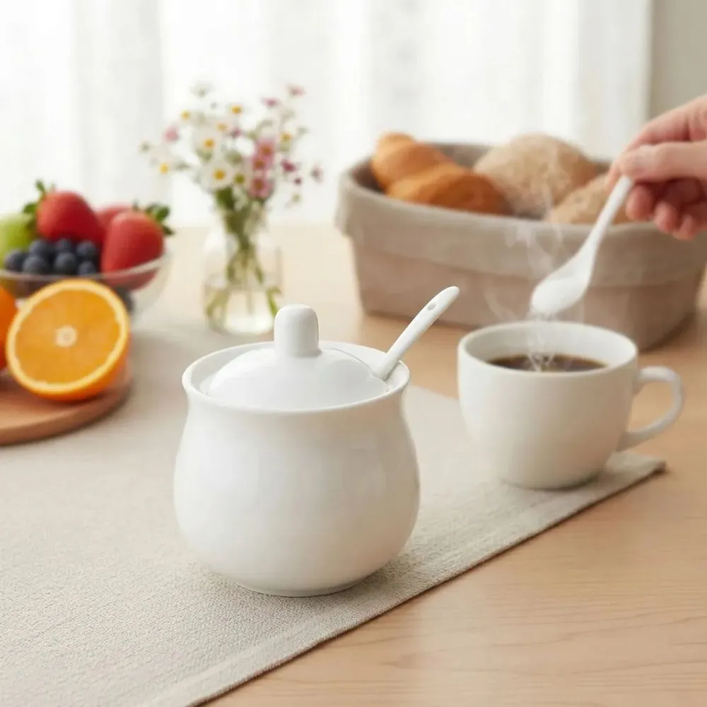 Açucareiro de porcelana branca clássica com vedação para setup de café