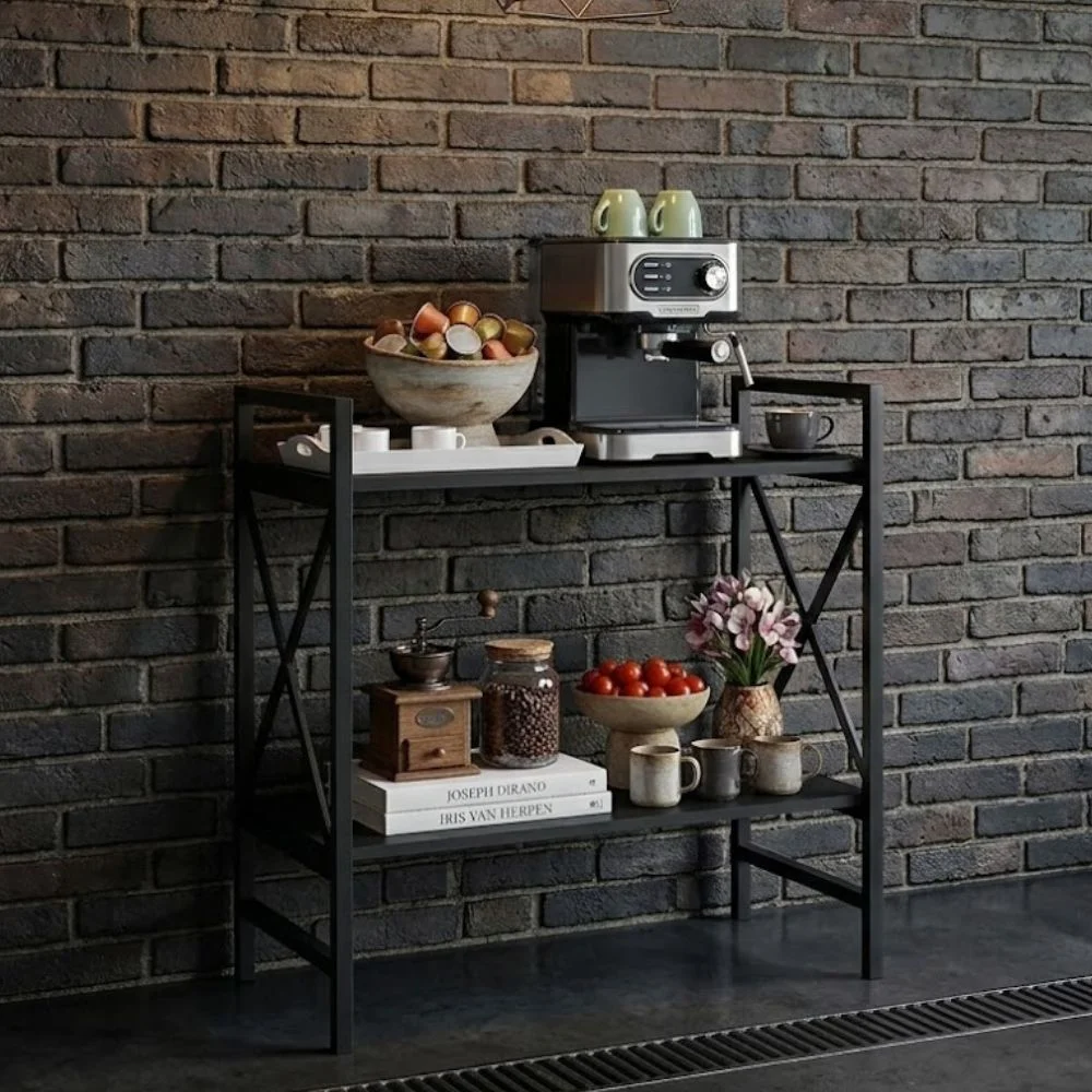 Aparador estilo industrial com pés de metal preto para cantinho do café urbano
