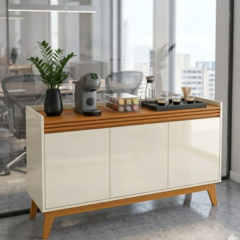 Buffet aparador com 3 portas e detalhe ripado em MDF para base do cantinho do café