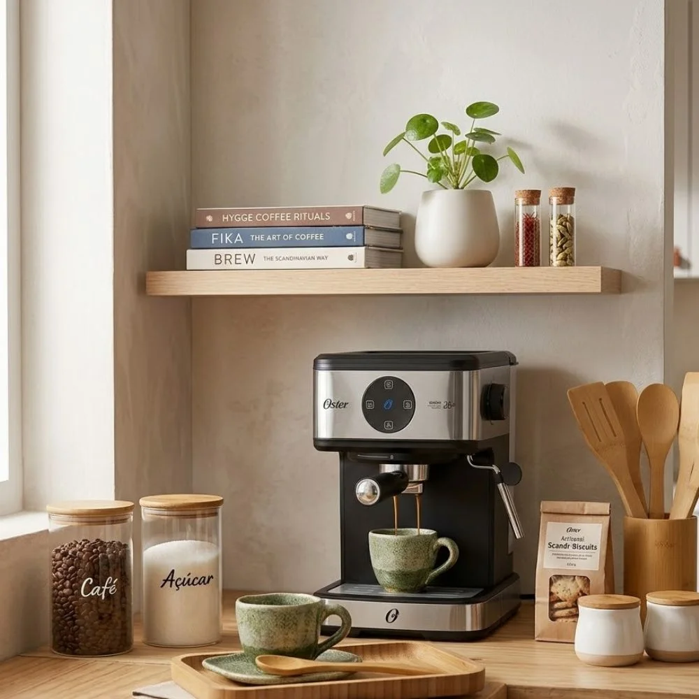 Decoração de cantinho do café estilo escandinavo clean e minimalista