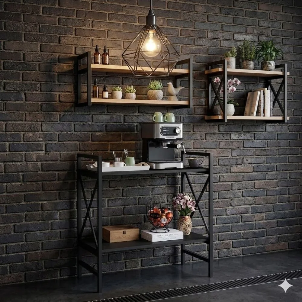 Decoração de cantinho do café estilo industrial moderno com metal preto e madeira