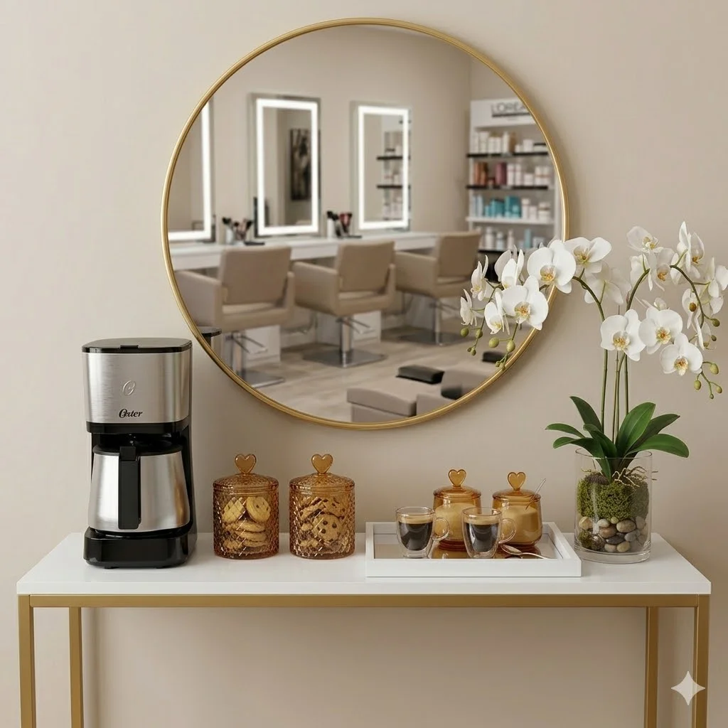 Decoração de cantinho do café estilo glamour com dourado para salão de beleza e clínicas