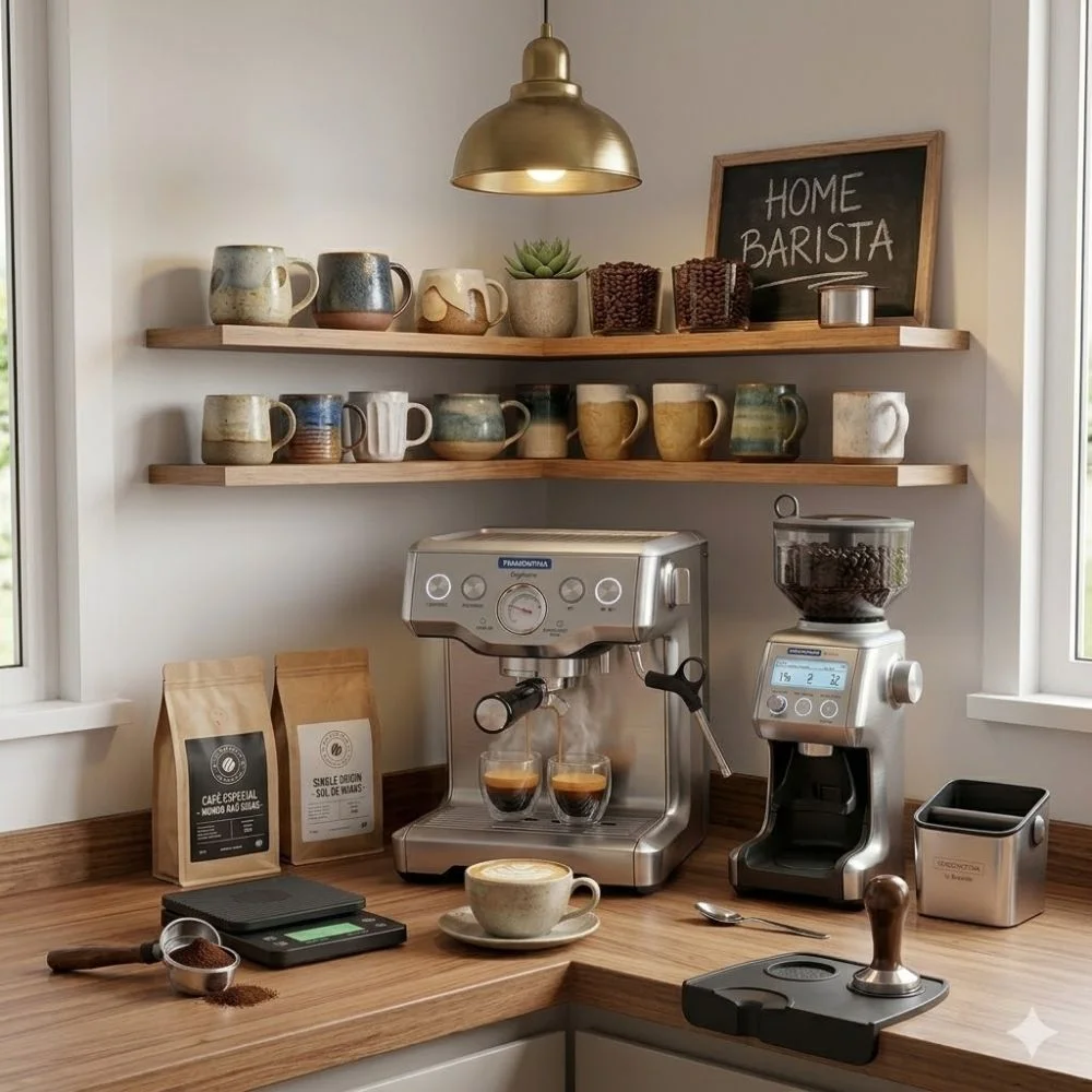 Setup de cantinho do café estilo home barista com equipamentos profissionais