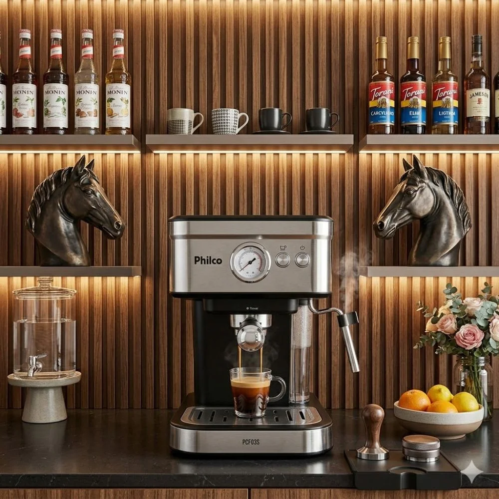 Setup de cantinho do café estilo luxo executivo industrial com painel ripado e máquinas inox