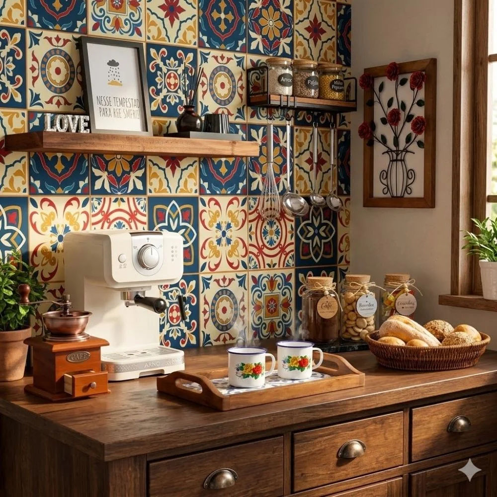 Decoração de cantinho do café rústico estilo roça com cerâmicas e madeira