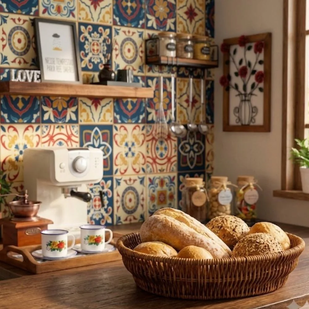 Cesto trançado estilo vime para servir pães e doces no cantinho do café rústico