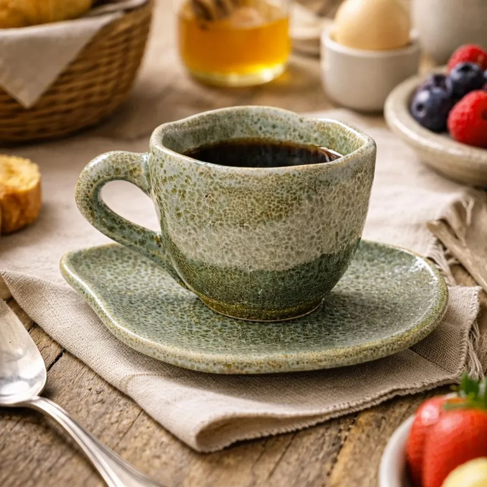 Conjunto de xícaras de cerâmica artesanal verde com pires para servir café com estilo