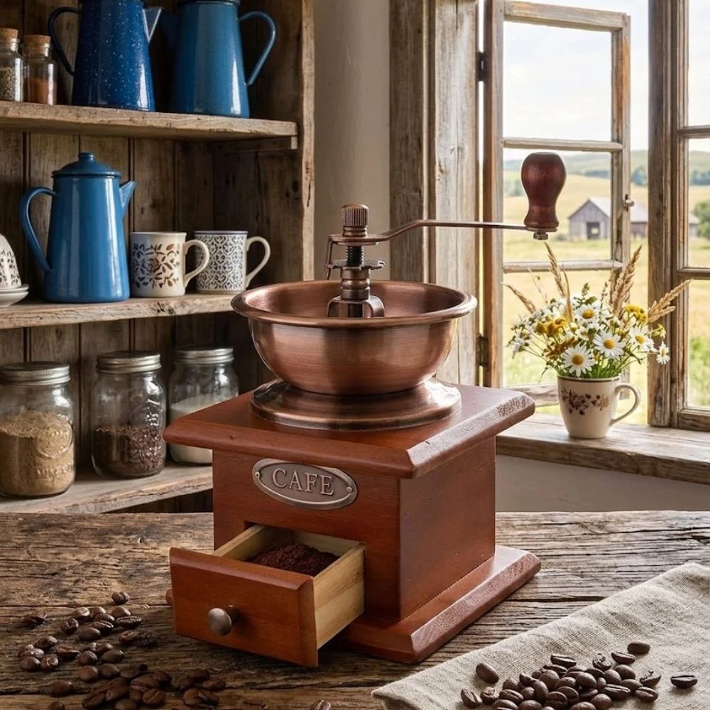 Moedor de café manual clássico retrô em metal e madeira para moagem na hora