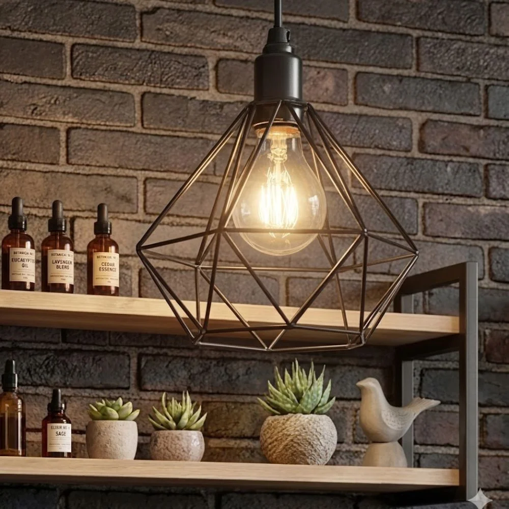 Luminária pendente diamante aramado preto para iluminação de cantinho do café