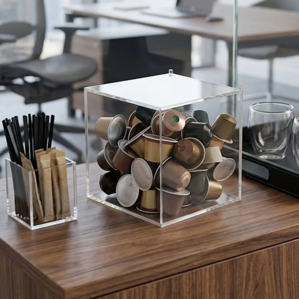 Porta cápsulas em acrílico transparente para 45 unidades ideal para organizar bancada corporativa