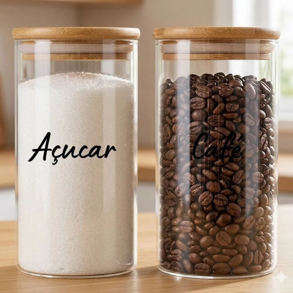 Potes de vidro herméticos com tampa de bambu para armazenar café e açúcar com elegância
