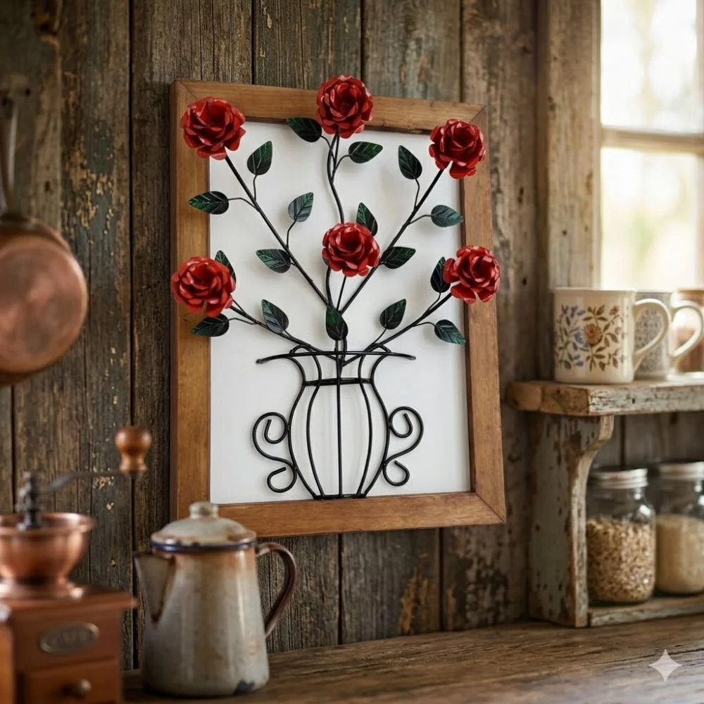Quadro decorativo painel de madeira com arranjo de ferro rústico para casa de campo