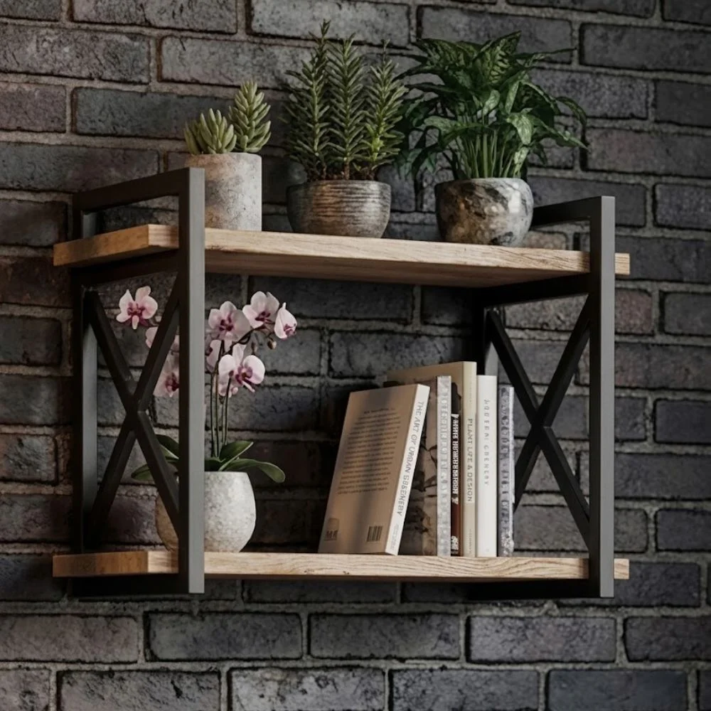Suporte estilo industrial duplo em metal preto para prateleiras suspensas