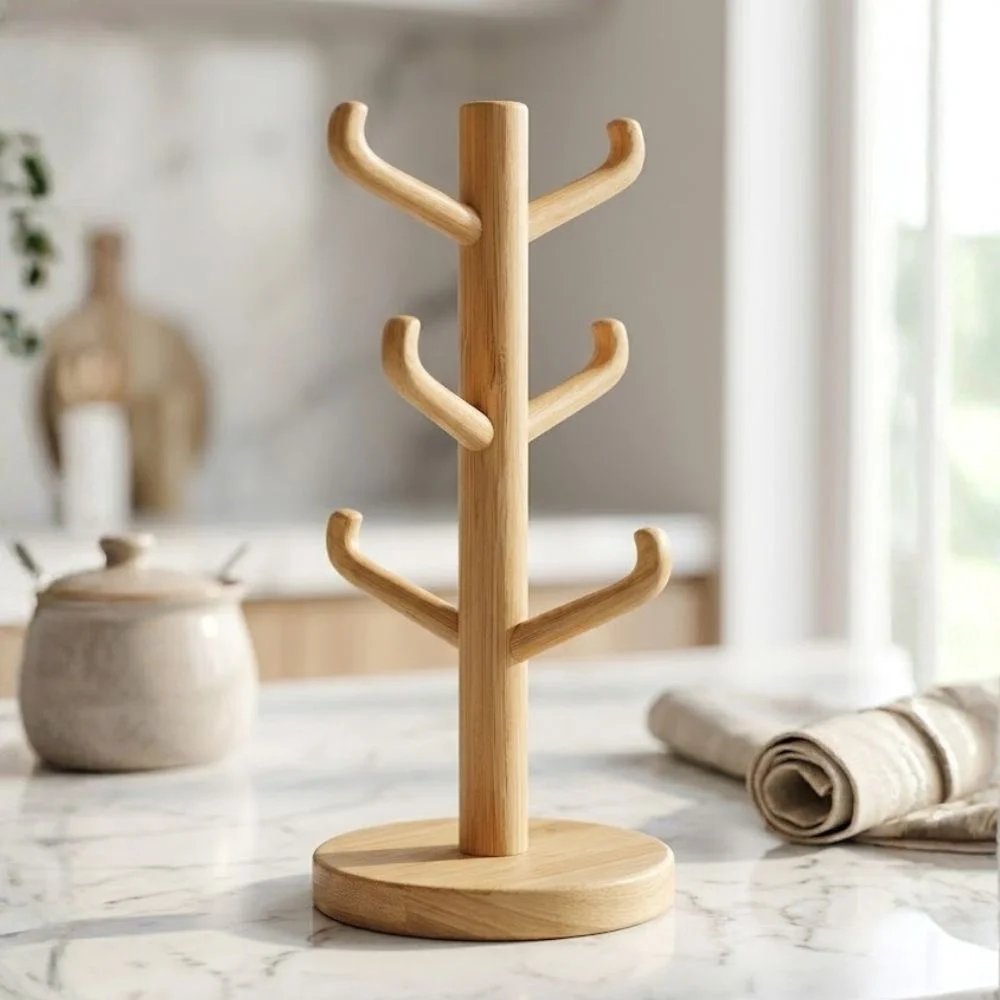 Suporte vertical em bambu para pendurar xícaras e liberar espaço na bancada